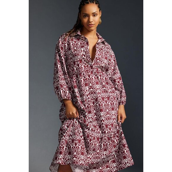 NWT Anthropologie Maeve The Bettina in Wine Bordeaux Ikat Tiered Shirt Dress L - Picture 2 of 12